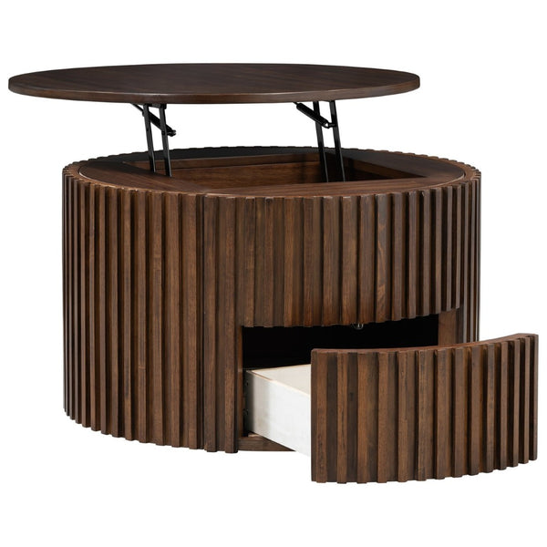 English Elm Vibe Haus Fluted Round Coffee Table with Lift Top Storage for Modern Living Rooms Brown N893P459102D