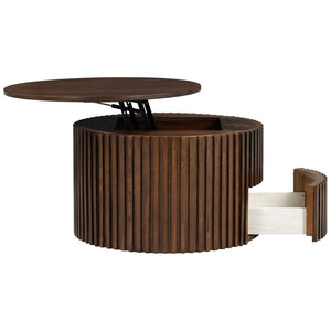 English Elm Vibe Haus Fluted Round Coffee Table with Lift Top Storage for Modern Living Rooms Brown N893P459102D