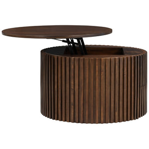 English Elm Vibe Haus Fluted Round Coffee Table with Lift Top Storage for Modern Living Rooms Brown N893P459102D