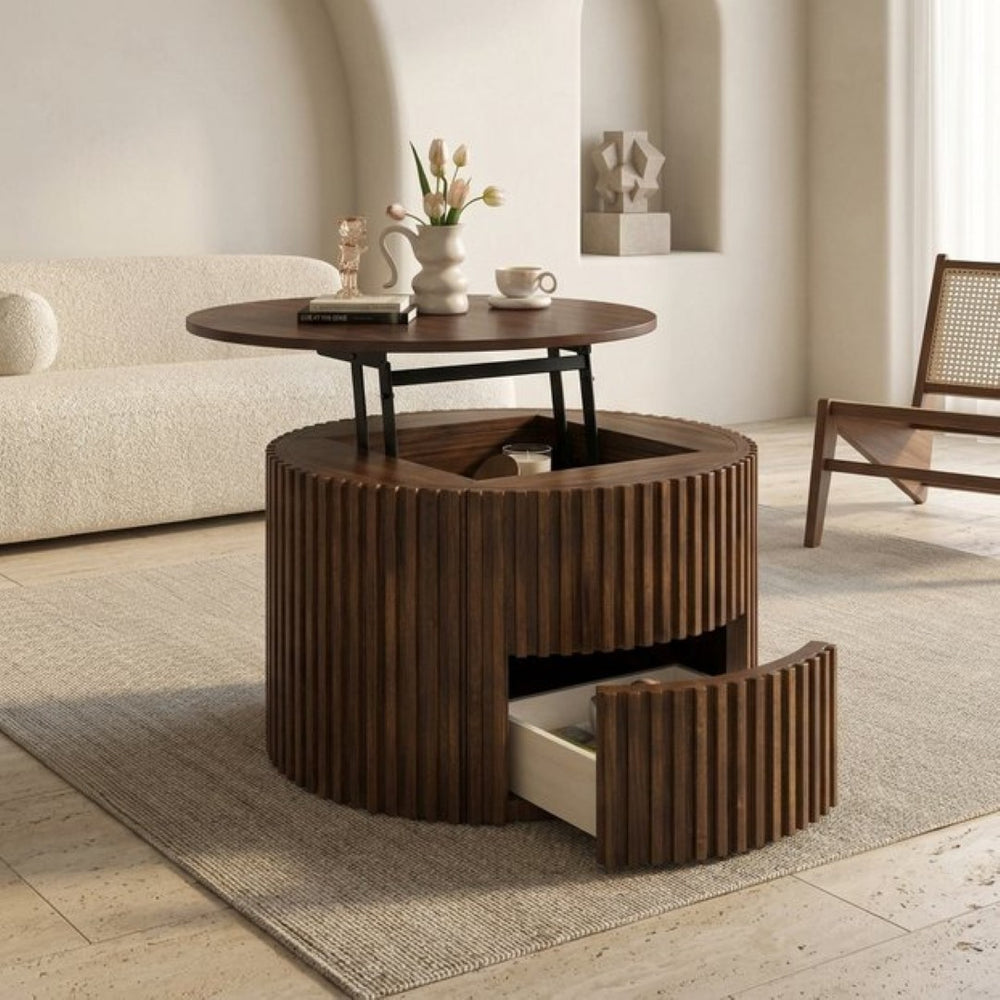 English Elm Vibe Haus Fluted Round Coffee Table with Lift Top Storage for Modern Living Rooms Brown N893P459102D