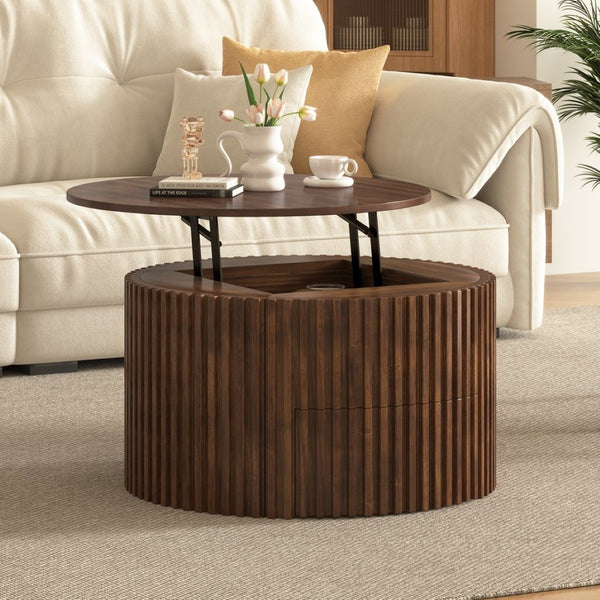 English Elm Vibe Haus Fluted Round Coffee Table with Lift Top Storage for Modern Living Rooms Brown N893P459102D