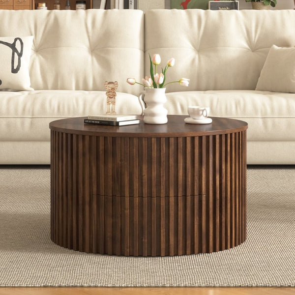 English Elm Vibe Haus Fluted Round Coffee Table with Lift Top Storage for Modern Living Rooms Brown N893P459102D