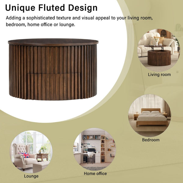 English Elm Vibe Haus Fluted Round Coffee Table with Lift Top Storage for Modern Living Rooms Brown N893P459102D