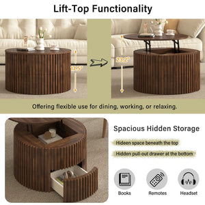 English Elm Vibe Haus Fluted Round Coffee Table with Lift Top Storage for Modern Living Rooms Brown N893P459102D