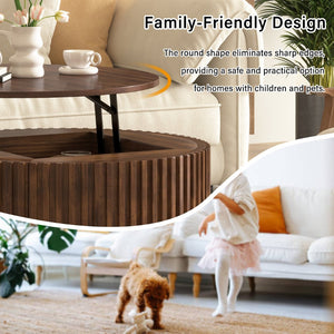 English Elm Vibe Haus Fluted Round Coffee Table with Lift Top Storage for Modern Living Rooms Brown N893P459102D