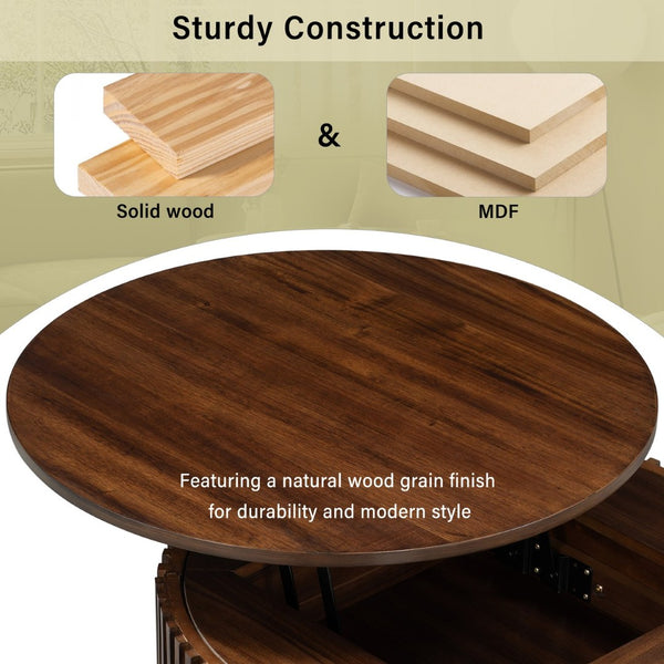 English Elm Vibe Haus Fluted Round Coffee Table with Lift Top Storage for Modern Living Rooms Brown N893P459102D