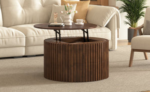 English Elm Vibe Haus Fluted Round Coffee Table with Lift Top Storage for Modern Living Rooms Brown N893P459102D