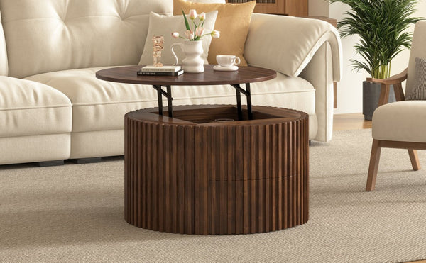 English Elm Vibe Haus Fluted Round Coffee Table with Lift Top Storage for Modern Living Rooms Brown N893P459102D
