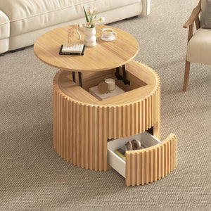 English Elm Vibe Haus Fluted Round Coffee Table with Lift Top Storage for Modern Living Rooms Light Brown N893P459102W