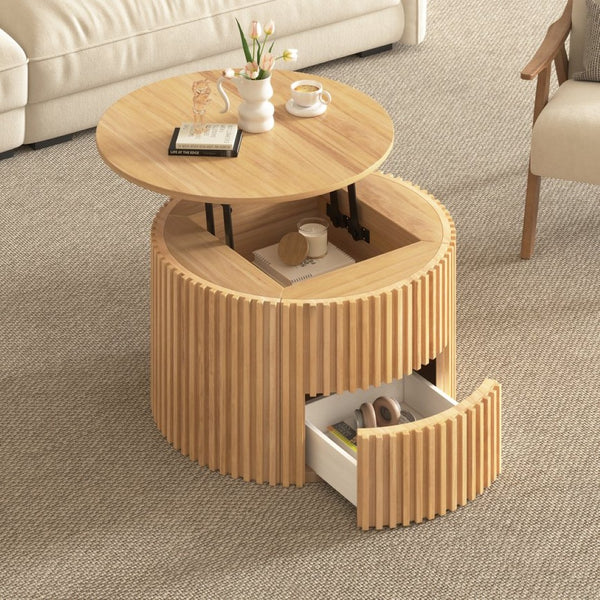 English Elm Vibe Haus Fluted Round Coffee Table with Lift Top Storage for Modern Living Rooms Light Brown N893P459102W