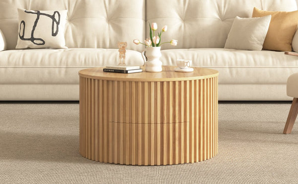 English Elm Vibe Haus Fluted Round Coffee Table with Lift Top Storage for Modern Living Rooms Light Brown N893P459102W