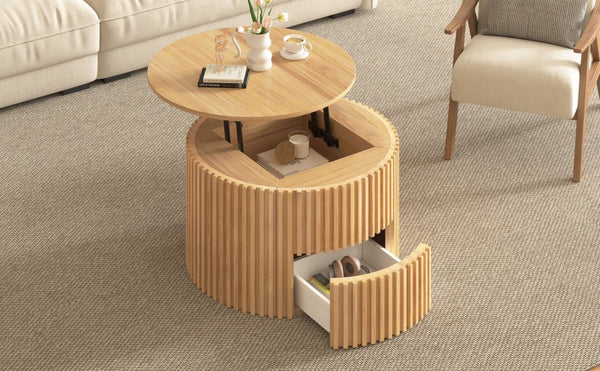 English Elm Vibe Haus Fluted Round Coffee Table with Lift Top Storage for Modern Living Rooms Light Brown N893P459102W