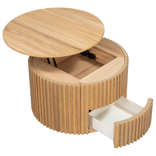 English Elm Vibe Haus Fluted Round Coffee Table with Lift Top Storage for Modern Living Rooms Light Brown N893P459102W