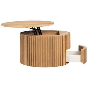 English Elm Vibe Haus Fluted Round Coffee Table with Lift Top Storage for Modern Living Rooms Light Brown N893P459102W