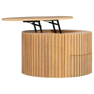 English Elm Vibe Haus Fluted Round Coffee Table with Lift Top Storage for Modern Living Rooms Light Brown N893P459102W