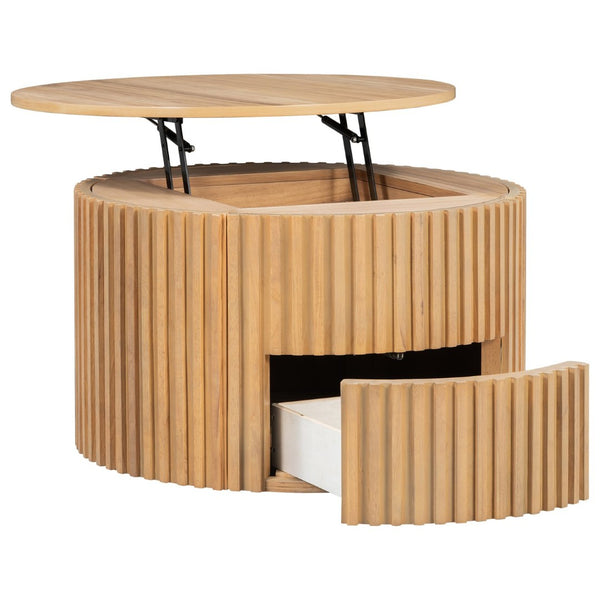 English Elm Vibe Haus Fluted Round Coffee Table with Lift Top Storage for Modern Living Rooms Light Brown N893P459102W