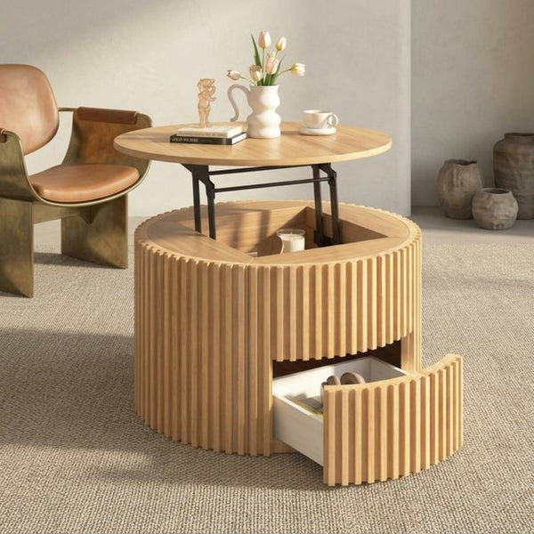 English Elm Vibe Haus Fluted Round Coffee Table with Lift Top Storage for Modern Living Rooms Light Brown N893P459102W