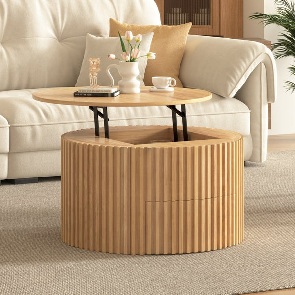 English Elm Vibe Haus Fluted Round Coffee Table with Lift Top Storage for Modern Living Rooms Light Brown N893P459102W