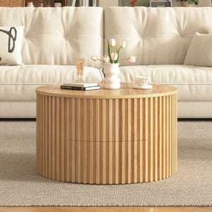 English Elm Vibe Haus Fluted Round Coffee Table with Lift Top Storage for Modern Living Rooms Light Brown N893P459102W