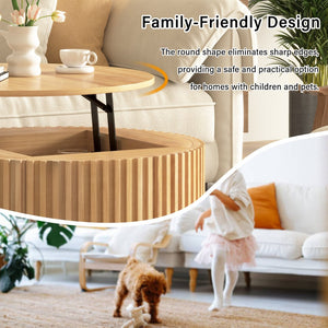 English Elm Vibe Haus Fluted Round Coffee Table with Lift Top Storage for Modern Living Rooms Light Brown N893P459102W