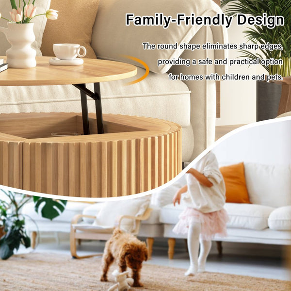 English Elm Vibe Haus Fluted Round Coffee Table with Lift Top Storage for Modern Living Rooms Light Brown N893P459102W