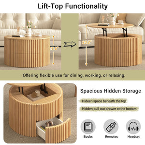 English Elm Vibe Haus Fluted Round Coffee Table with Lift Top Storage for Modern Living Rooms Light Brown N893P459102W