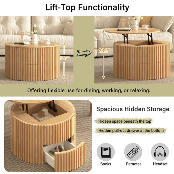 English Elm Vibe Haus Fluted Round Coffee Table with Lift Top Storage for Modern Living Rooms Light Brown N893P459102W
