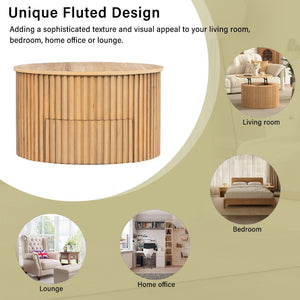 English Elm Vibe Haus Fluted Round Coffee Table with Lift Top Storage for Modern Living Rooms Light Brown N893P459102W