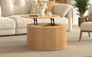English Elm Vibe Haus Fluted Round Coffee Table with Lift Top Storage for Modern Living Rooms Light Brown N893P459102W
