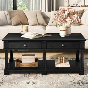 English Elm Vibe Haus Farmhouse Coffee Table Solid Wood Legs Two Drawers Open Shelf Living Room Black N893P473195B