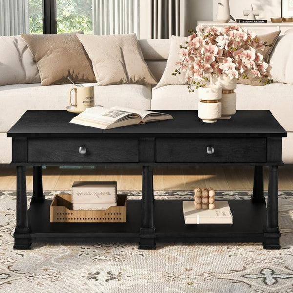 English Elm Vibe Haus Farmhouse Coffee Table Solid Wood Legs Two Drawers Open Shelf Living Room Black N893P473195B