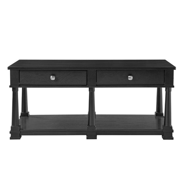 English Elm Vibe Haus Farmhouse Coffee Table Solid Wood Legs Two Drawers Open Shelf Living Room Black N893P473195B