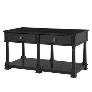 English Elm Vibe Haus Farmhouse Coffee Table Solid Wood Legs Two Drawers Open Shelf Living Room Black N893P473195B