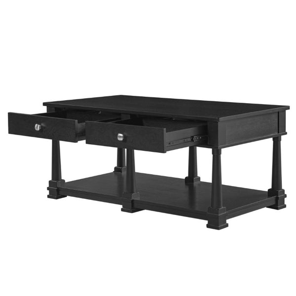 English Elm Vibe Haus Farmhouse Coffee Table Solid Wood Legs Two Drawers Open Shelf Living Room Black N893P473195B