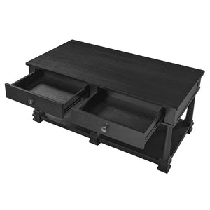 English Elm Vibe Haus Farmhouse Coffee Table Solid Wood Legs Two Drawers Open Shelf Living Room Black N893P473195B