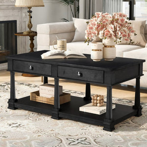 English Elm Vibe Haus Farmhouse Coffee Table Solid Wood Legs Two Drawers Open Shelf Living Room Black N893P473195B