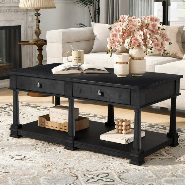 English Elm Vibe Haus Farmhouse Coffee Table Solid Wood Legs Two Drawers Open Shelf Living Room Black N893P473195B
