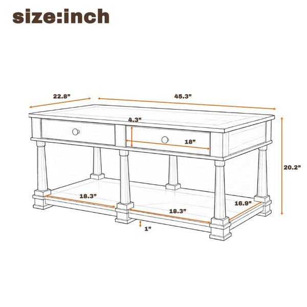 English Elm Vibe Haus Farmhouse Coffee Table Solid Wood Legs Two Drawers Open Shelf Living Room Black N893P473195B