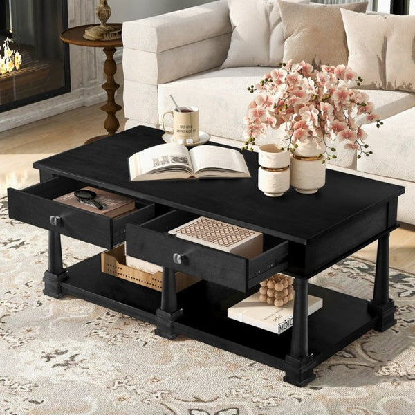 English Elm Vibe Haus Farmhouse Coffee Table Solid Wood Legs Two Drawers Open Shelf Living Room Black N893P473195B