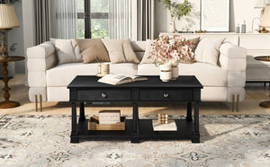 English Elm Vibe Haus Farmhouse Coffee Table Solid Wood Legs Two Drawers Open Shelf Living Room Black N893P473195B