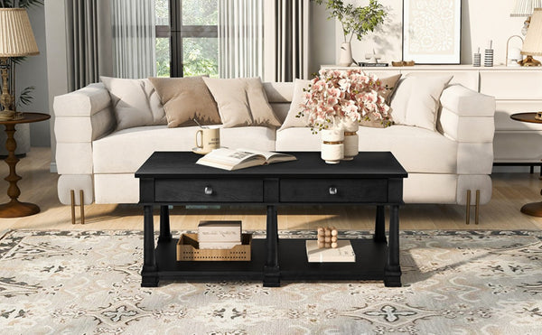 English Elm Vibe Haus Farmhouse Coffee Table Solid Wood Legs Two Drawers Open Shelf Living Room Black N893P473195B