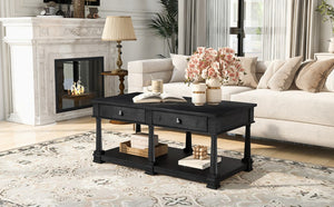 English Elm Vibe Haus Farmhouse Coffee Table Solid Wood Legs Two Drawers Open Shelf Living Room Black N893P473195B