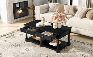 English Elm Vibe Haus Farmhouse Coffee Table Solid Wood Legs Two Drawers Open Shelf Living Room Black N893P473195B
