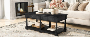 English Elm Vibe Haus Farmhouse Coffee Table Solid Wood Legs Two Drawers Open Shelf Living Room Black N893P473195B