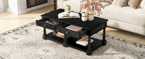 English Elm Vibe Haus Farmhouse Coffee Table Solid Wood Legs Two Drawers Open Shelf Living Room Black N893P473195B