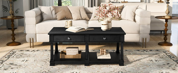 English Elm Vibe Haus Farmhouse Coffee Table Solid Wood Legs Two Drawers Open Shelf Living Room Black N893P473195B