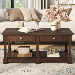 English Elm Vibe Haus Farmhouse Coffee Table Solid Wood Legs Two Drawers Open Shelf Living Room Brown N893P473195D