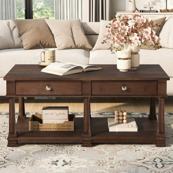 English Elm Vibe Haus Farmhouse Coffee Table Solid Wood Legs Two Drawers Open Shelf Living Room Brown N893P473195D