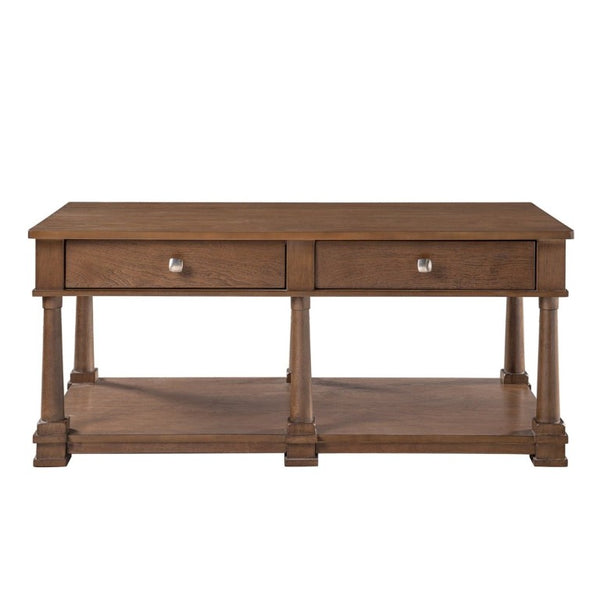 English Elm Vibe Haus Farmhouse Coffee Table Solid Wood Legs Two Drawers Open Shelf Living Room Brown N893P473195D