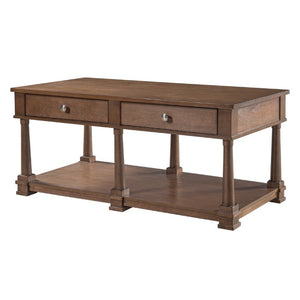 English Elm Vibe Haus Farmhouse Coffee Table Solid Wood Legs Two Drawers Open Shelf Living Room Brown N893P473195D